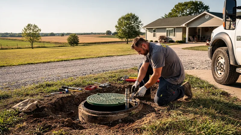 Septic service technician working on a residential septic system in Auburn, KS