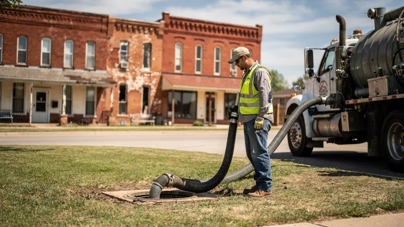 Septic service technician pumping a residential septic tank in Osage City, KS